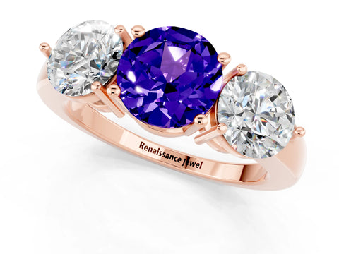 Rose gold Round Cut Tanzanite Three-Stone Ring with Prong Setting and Classic Band_1