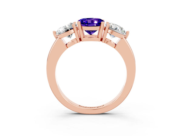 Rose gold Round Cut Tanzanite Three-Stone Ring with Prong Setting and Classic Band