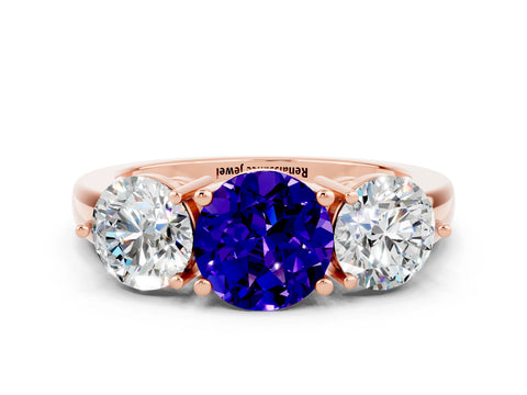 Rose gold Round Cut Tanzanite Three-Stone Ring with Prong Setting and Classic Band