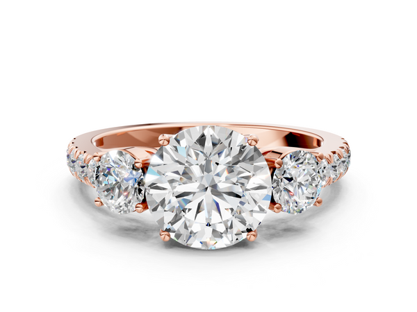 Rose gold Round Cut Diamond Three-Stone Ring with Round Side Stones and Pavé Band