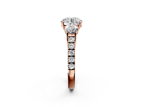 Rose gold Round Cut Diamond Three-Stone Ring with Round Side Stones and Pavé Band
