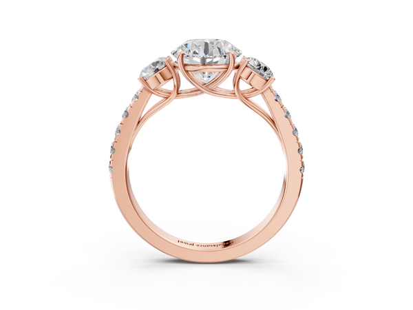 Rose gold Round Cut Diamond Three-Stone Ring with Round Side Stones and Pavé Band
