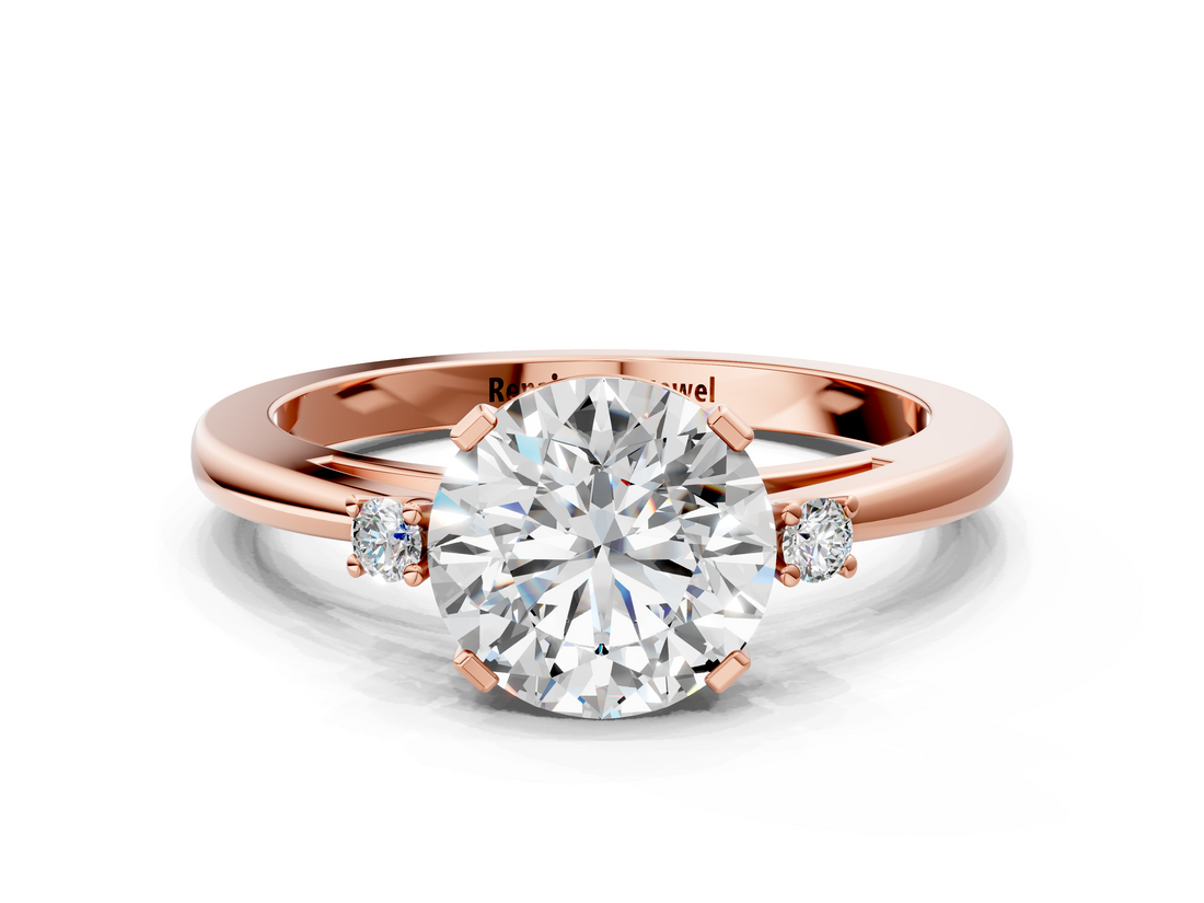 Rose gold Round Cut Three-Stone Solitaire Ring with Round Accent Diamonds and Four-Prong Setting_33