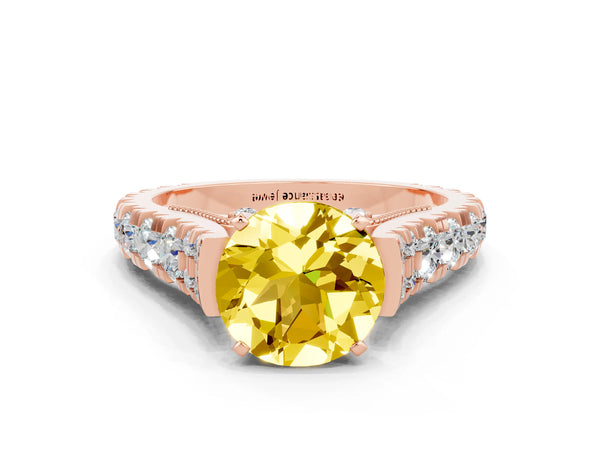 Rose gold Round Cut Yellow Sapphire Classic Solitaire Ring with Pavé Band and Four-Prong Setting
