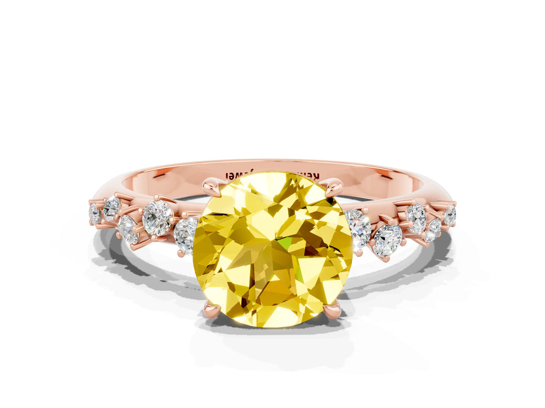 Rose gold Round Cut Yellow Sapphire Cluster Side Stone Solitaire Ring with Prong Setting_69