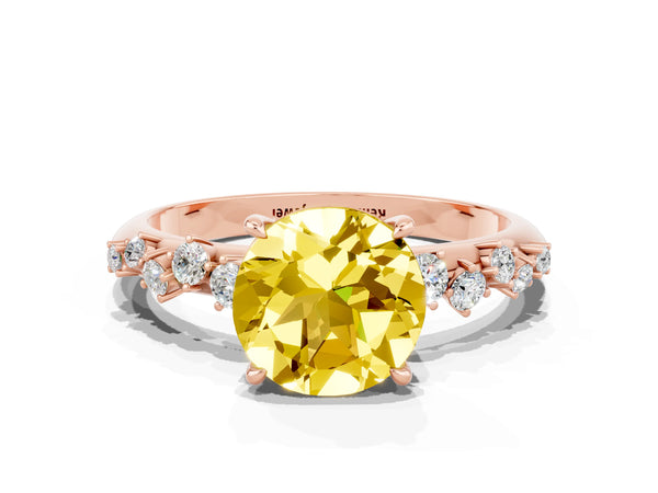 Rose gold Round Cut Yellow Sapphire Cluster Side Stone Solitaire Ring with Prong Setting