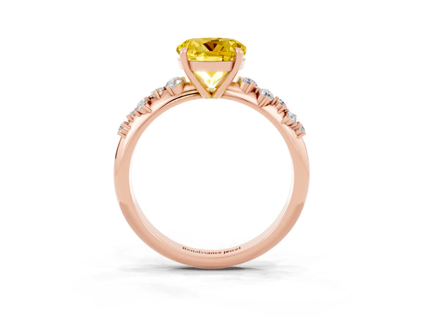 Rose gold Round Cut Yellow Sapphire Cluster Side Stone Solitaire Ring with Prong Setting
