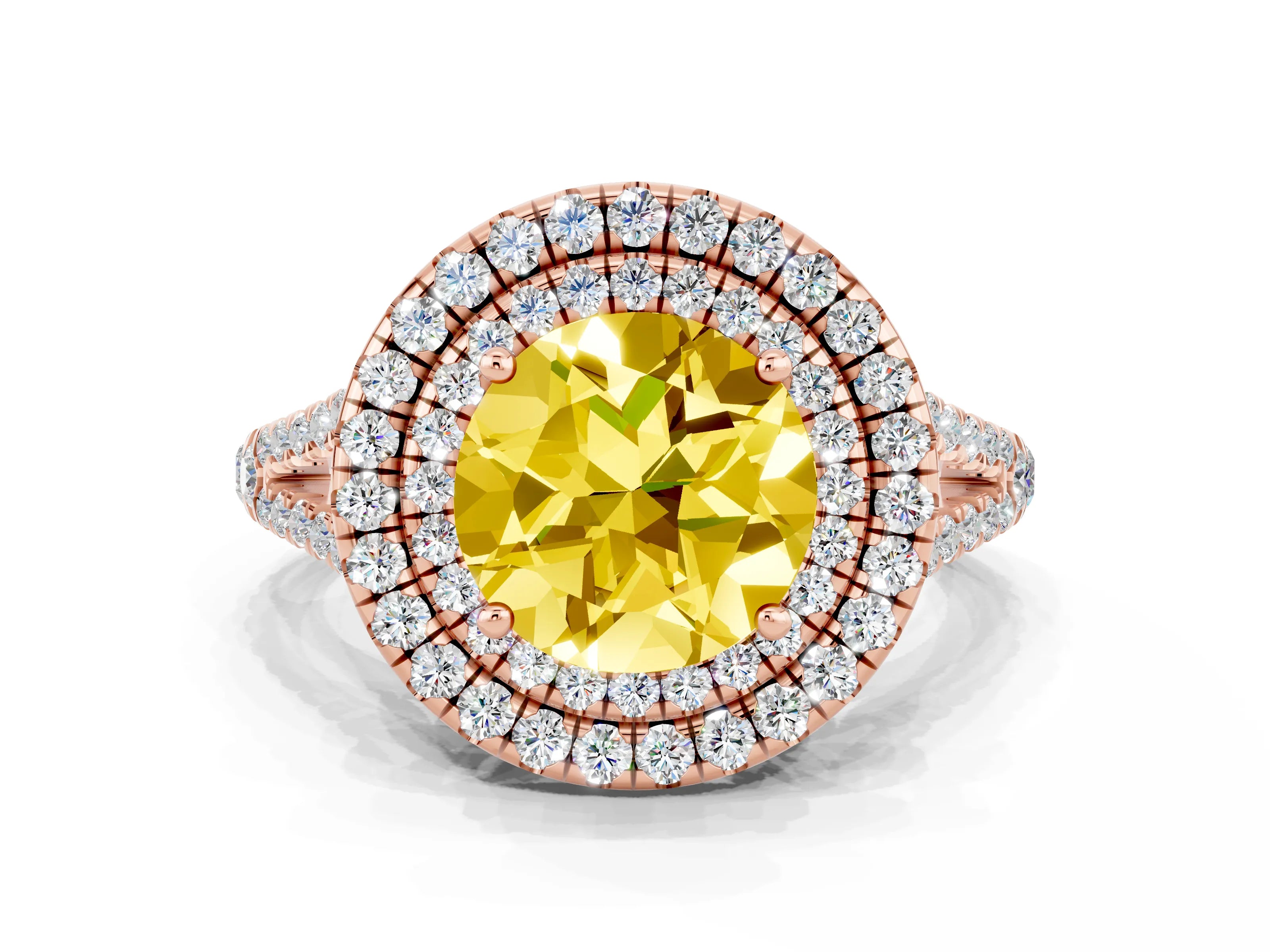 Rose gold Round Cut Yellow Sapphire Double Halo Ring with Pavé Band and Prong Setting_12