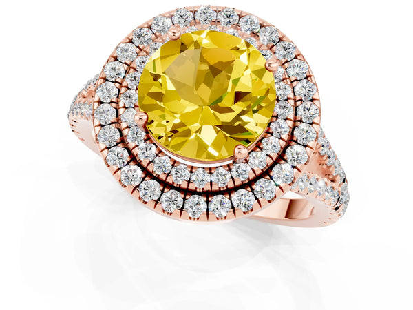 Rose gold Round Cut Yellow Sapphire Double Halo Ring with Pavé Band and Prong Setting