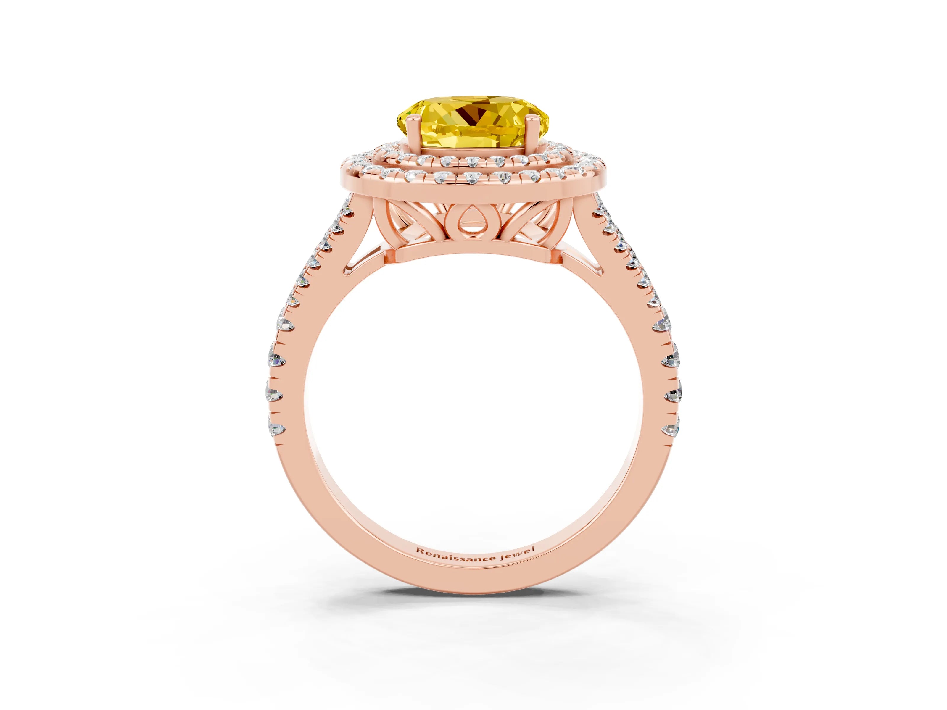 Rose gold Round Cut Yellow Sapphire Double Halo Ring with Pavé Band and Prong Setting_15