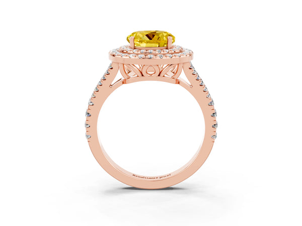 Rose gold Round Cut Yellow Sapphire Double Halo Ring with Pavé Band and Prong Setting