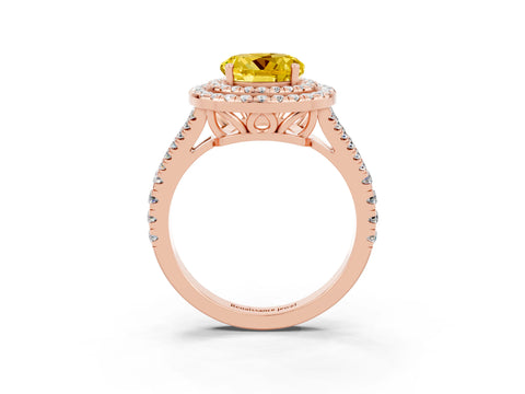 Rose gold Round Cut Yellow Sapphire Double Halo Ring with Pavé Band and Prong Setting_15