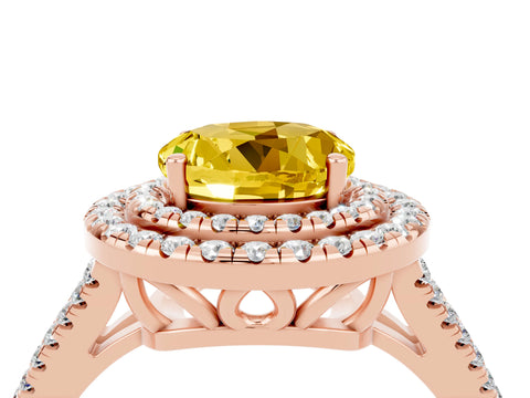 Rose gold Round Cut Yellow Sapphire Double Halo Ring with Pavé Band and Prong Setting_16