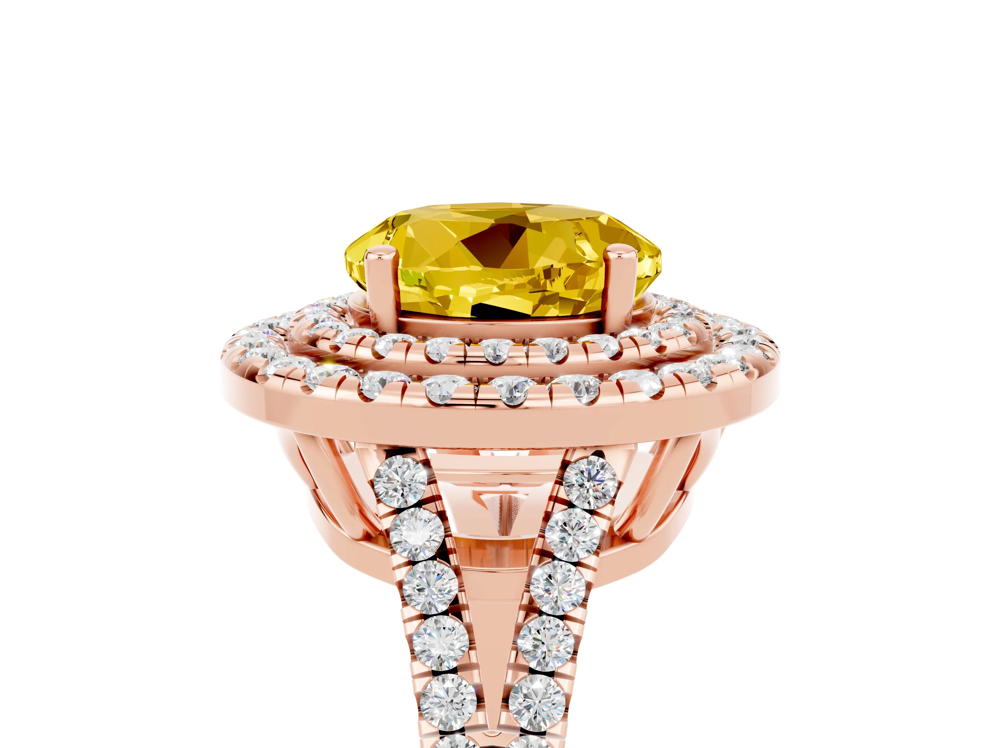 Rose gold Round Cut Yellow Sapphire Double Halo Ring with Pavé Band and Prong Setting_17
