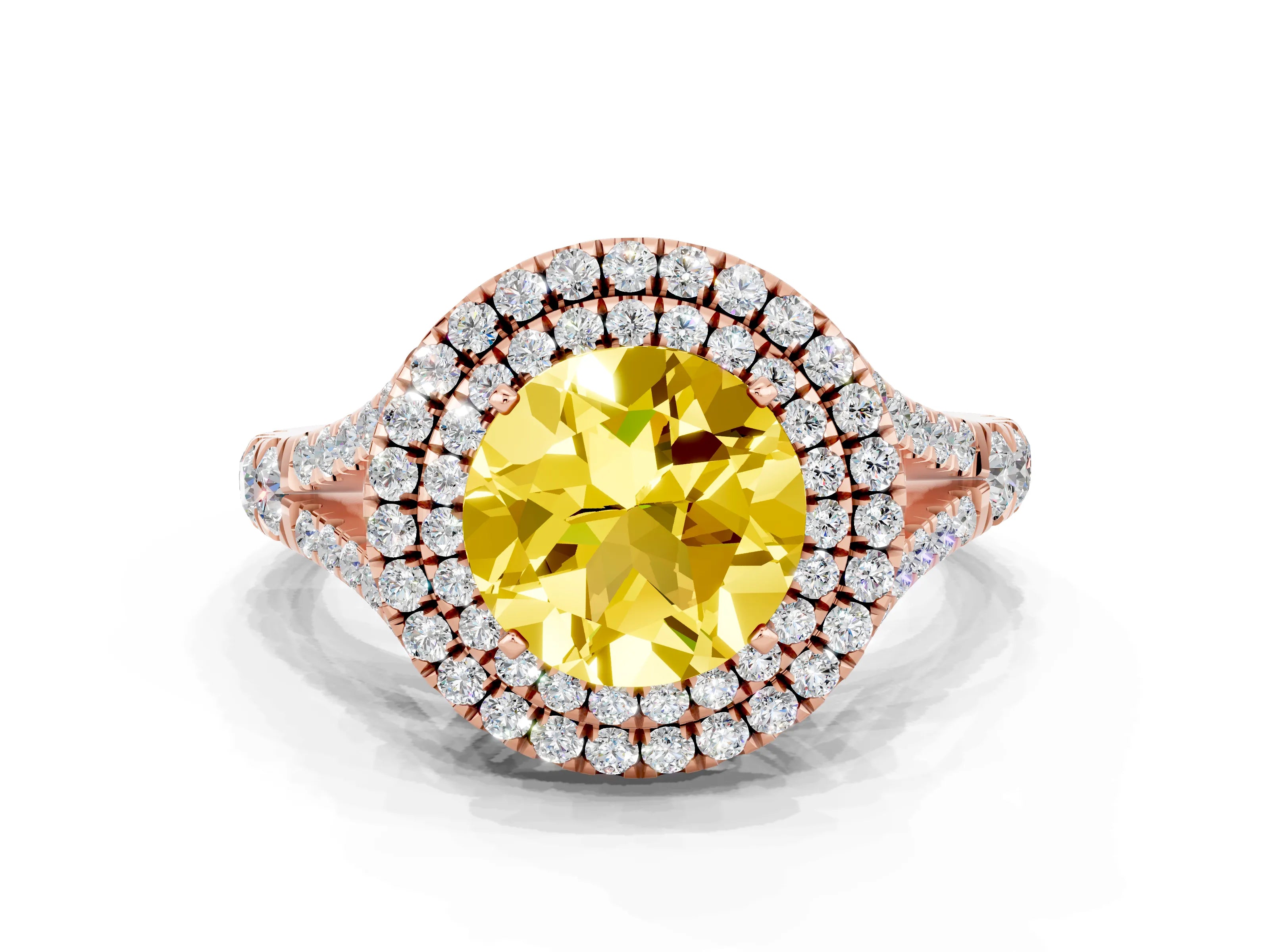 Rose gold Round Cut Yellow Sapphire Double Halo Ring with Split Shank and Prong Setting_12