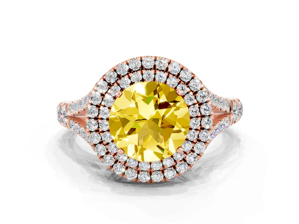 Rose gold Round Cut Yellow Sapphire Double Halo Ring with Split Shank and Prong Setting