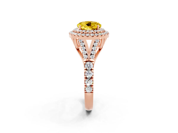 Rose gold Round Cut Yellow Sapphire Double Halo Ring with Split Shank and Prong Setting