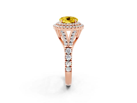 Rose gold Round Cut Yellow Sapphire Double Halo Ring with Split Shank and Prong Setting_14