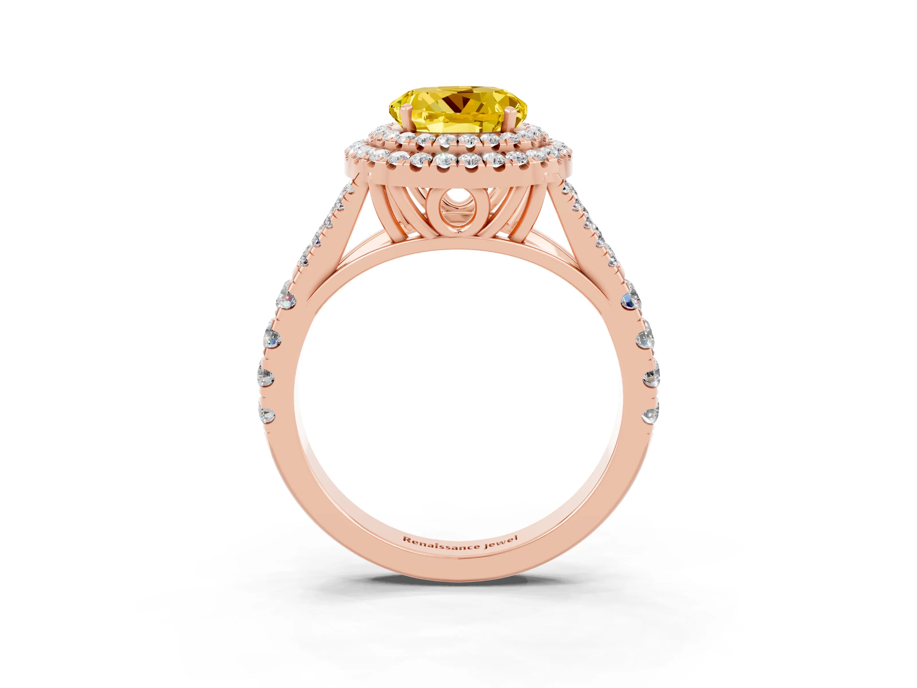 Rose gold Round Cut Yellow Sapphire Double Halo Ring with Split Shank and Prong Setting_15