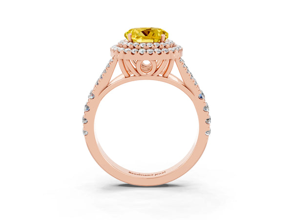 Rose gold Round Cut Yellow Sapphire Double Halo Ring with Split Shank and Prong Setting