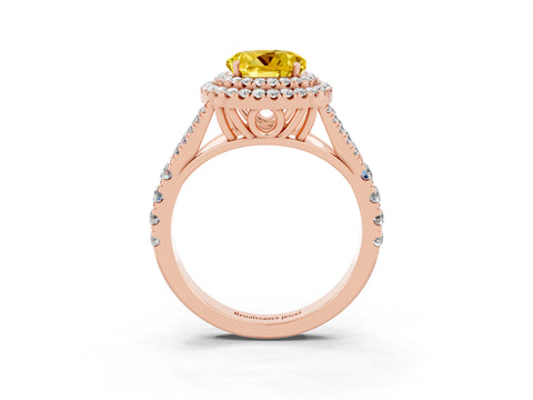 Rose gold Round Cut Yellow Sapphire Double Halo Ring with Split Shank and Prong Setting_15