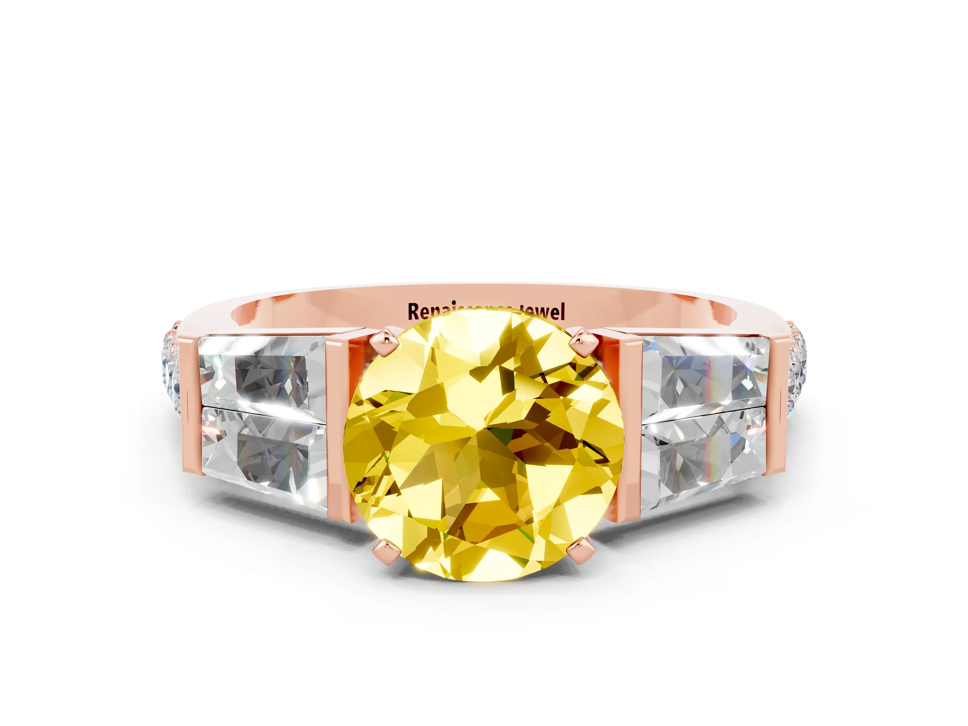 Rose gold Round Cut Yellow Sapphire Engagement Ring with Baguette Side Stones and Channel Set Band