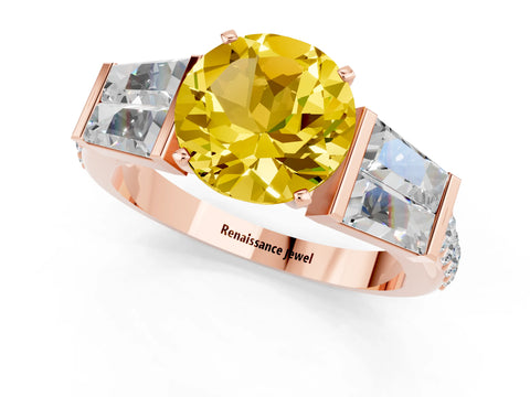 Rose gold Round Cut Yellow Sapphire Engagement Ring with Baguette Side Stones and Channel Set Band_1