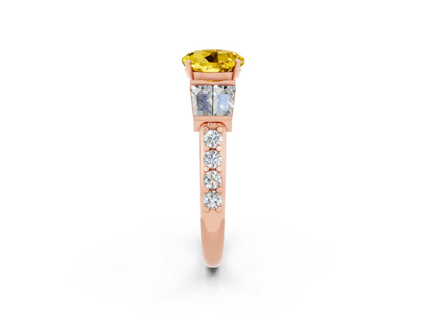 Rose gold Round Cut Yellow Sapphire Engagement Ring with Baguette Side Stones and Channel Set Band