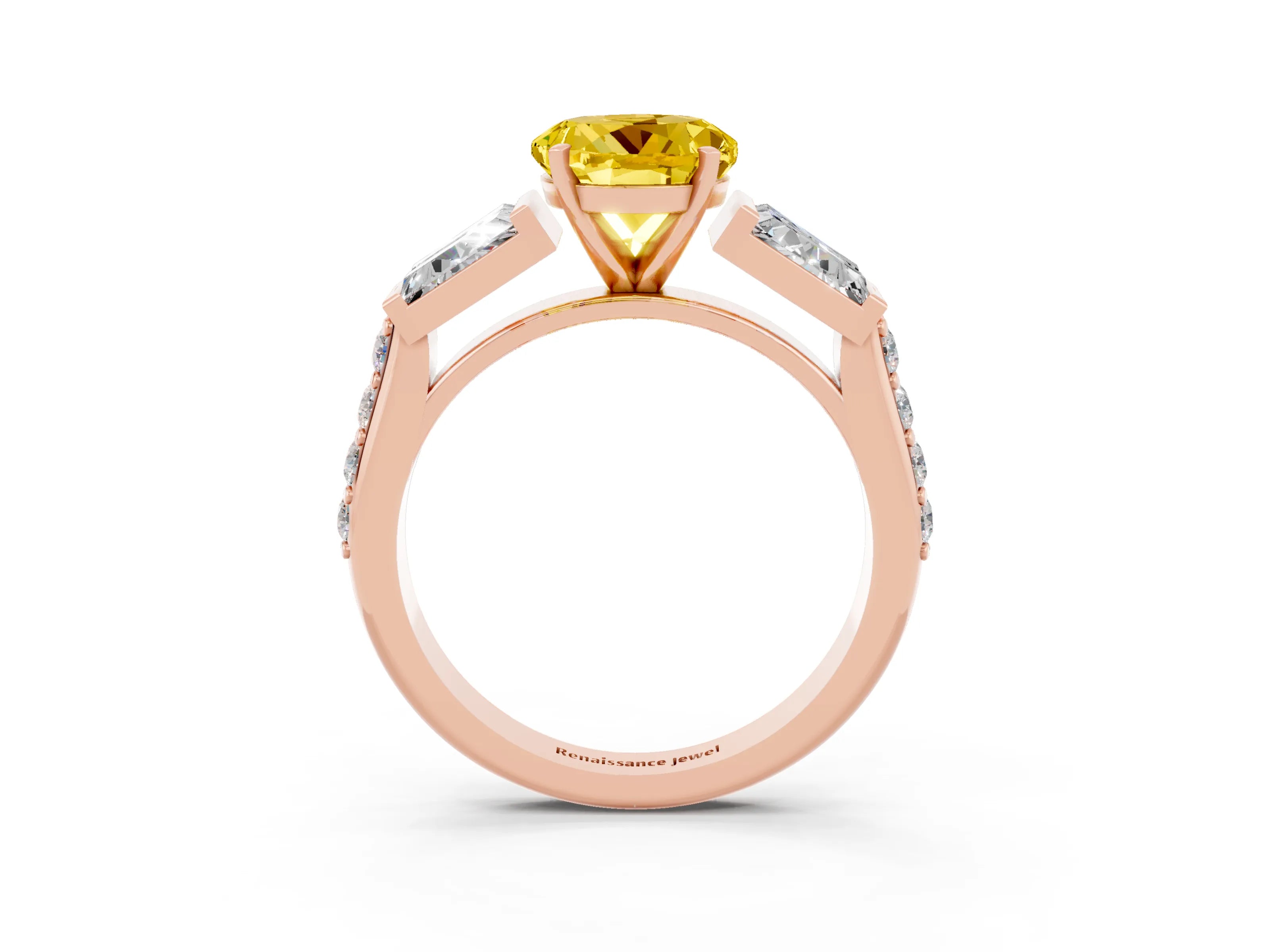 Rose gold Round Cut Yellow Sapphire Engagement Ring with Baguette Side Stones and Channel Set Band_3