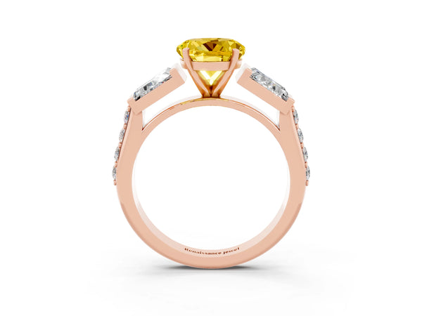 Rose gold Round Cut Yellow Sapphire Engagement Ring with Baguette Side Stones and Channel Set Band