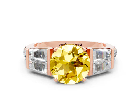 Rose gold Round Cut Yellow Sapphire Engagement Ring with Baguette Side Stones and Channel Set Band