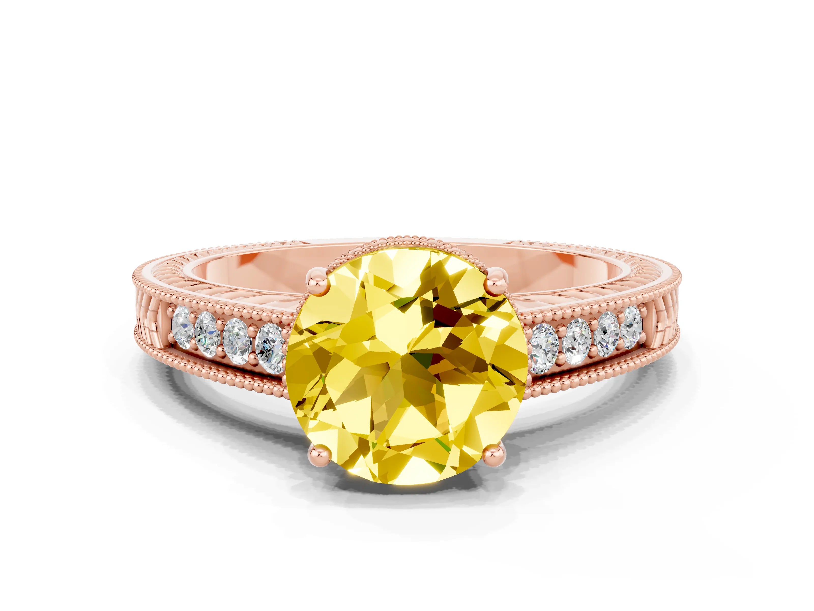 Rose gold Round Cut Yellow Sapphire Engagement Ring with Milgrain Channel Set Band and Prong Setting_24