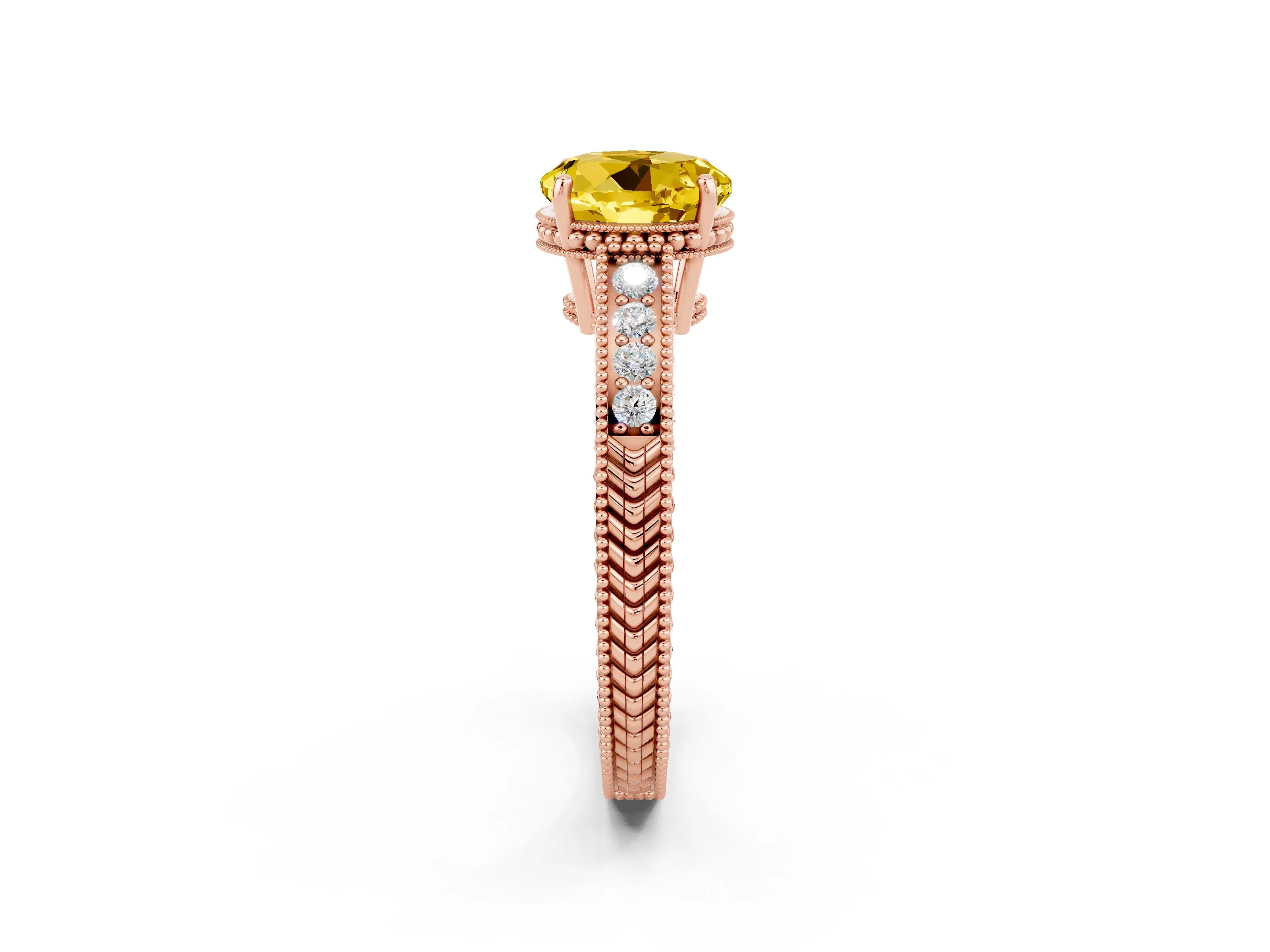 Rose gold Round Cut Yellow Sapphire Engagement Ring with Milgrain Channel Set Band and Prong Setting_26