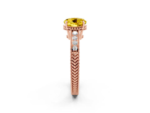 Rose gold Round Cut Yellow Sapphire Engagement Ring with Milgrain Channel Set Band and Prong Setting_26