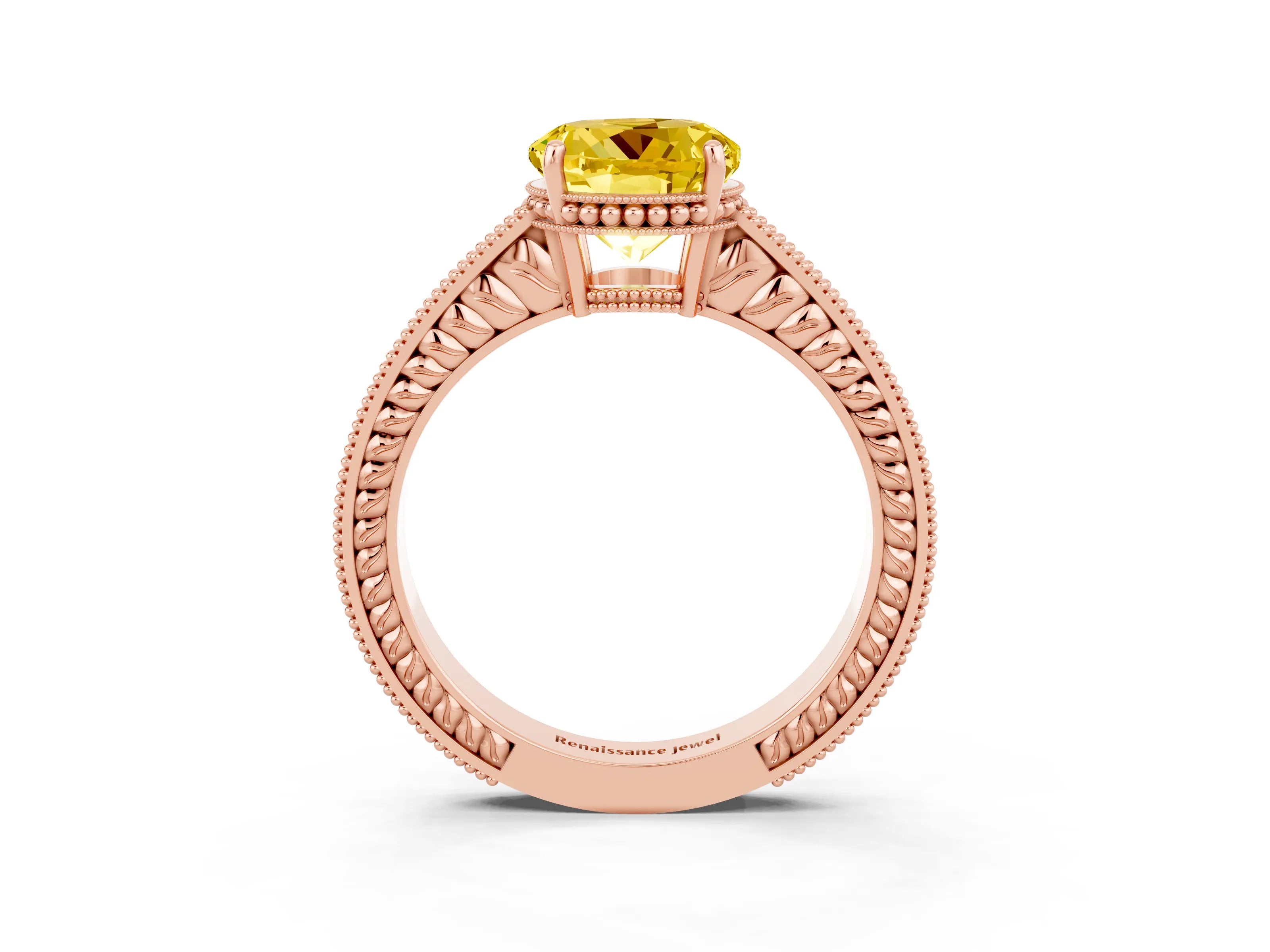 Rose gold Round Cut Yellow Sapphire Engagement Ring with Milgrain Channel Set Band and Prong Setting_27