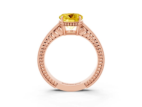 Rose gold Round Cut Yellow Sapphire Engagement Ring with Milgrain Channel Set Band and Prong Setting