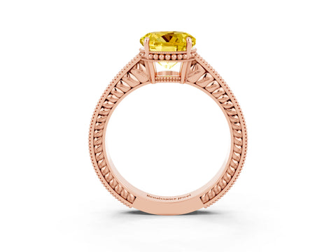 Rose gold Round Cut Yellow Sapphire Engagement Ring with Milgrain Channel Set Band and Prong Setting_27