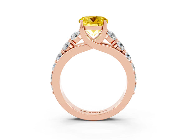 Rose gold Round Cut Yellow Sapphire Engagement Ring with Pavé Band and Four-Prong Setting