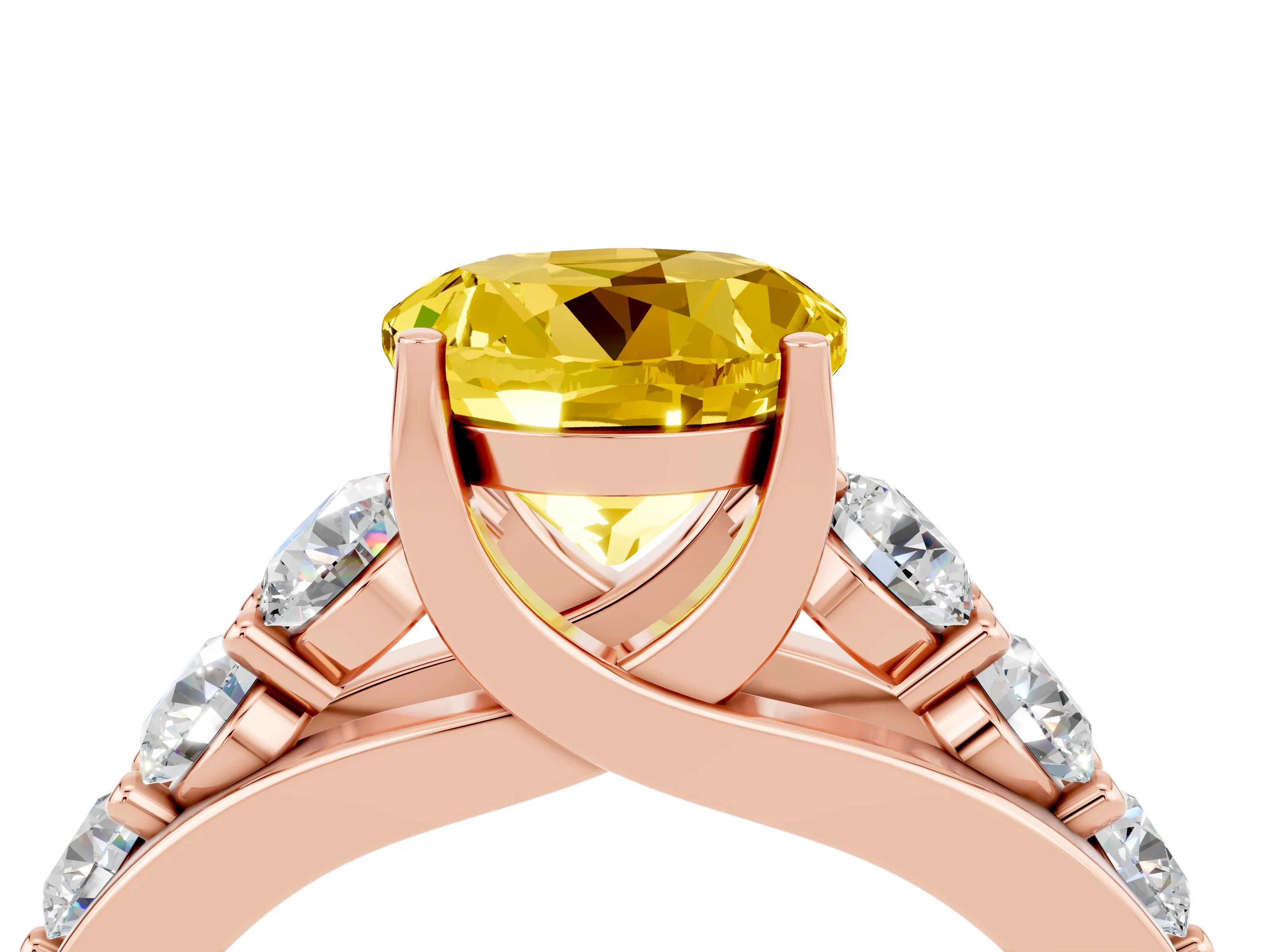 Rose gold Round Cut Yellow Sapphire Engagement Ring with Pavé Band and Four-Prong Setting_4