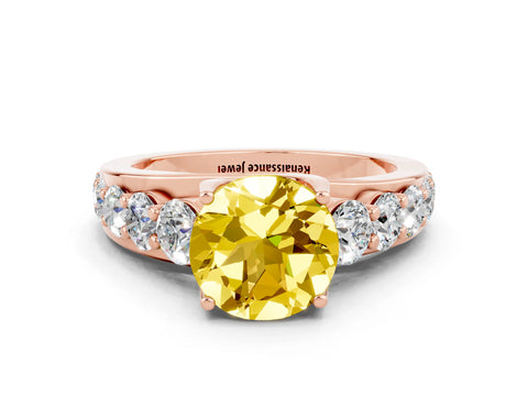 Rose gold Round Cut Yellow Sapphire Engagement Ring with Pavé Band and Four-Prong Setting