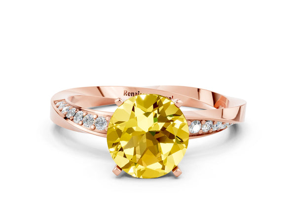 Rose gold Round Cut Yellow Sapphire Engagement Ring with Side Stone Accents and Four-Prong Setting