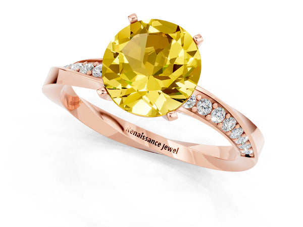 Rose gold Round Cut Yellow Sapphire Engagement Ring with Side Stone Accents and Four-Prong Setting