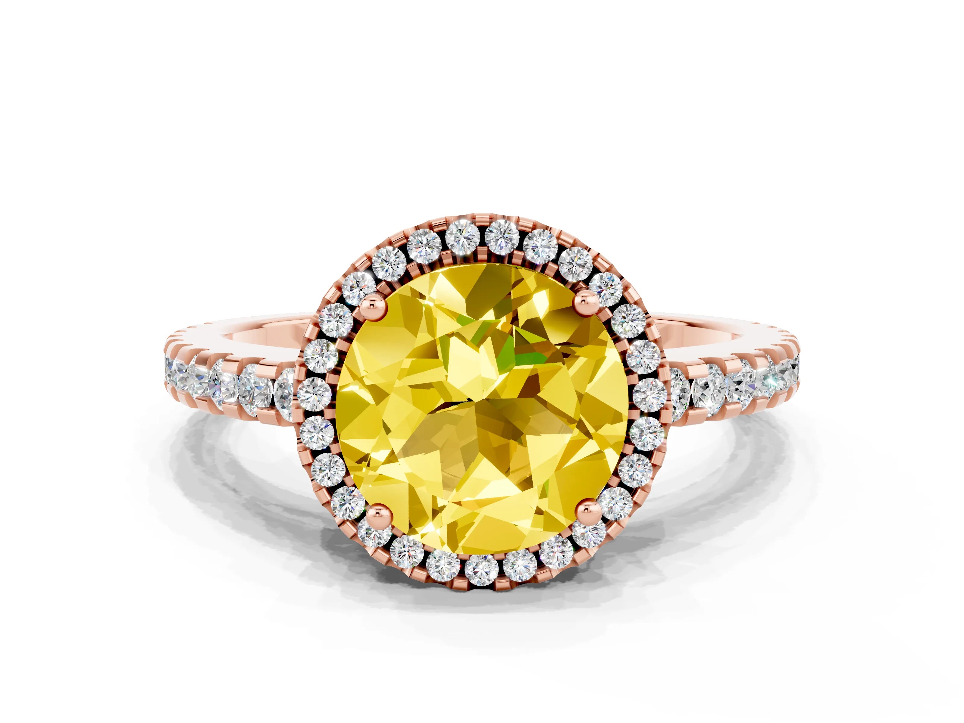 Rose gold Round Cut Yellow Sapphire Halo Engagement Ring with Pavé Band and Prong Setting_12