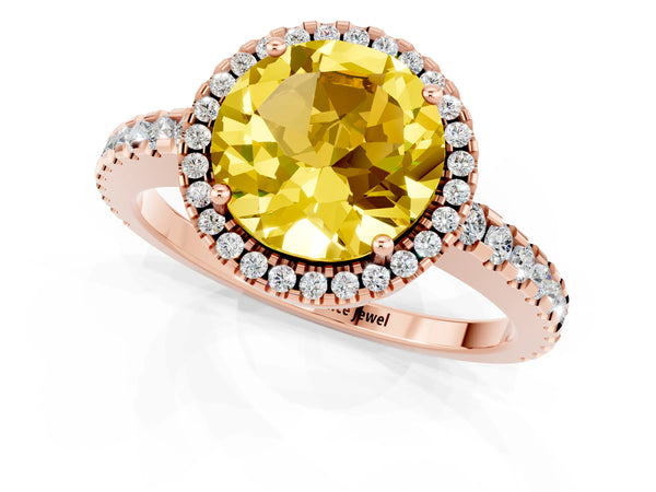 Rose gold Round Cut Yellow Sapphire Halo Engagement Ring with Pavé Band and Prong Setting