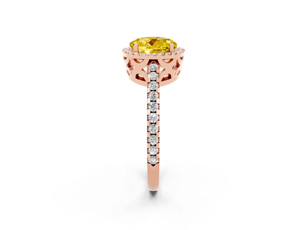 Rose gold Round Cut Yellow Sapphire Halo Engagement Ring with Pavé Band and Prong Setting