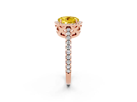 Rose gold Round Cut Yellow Sapphire Halo Engagement Ring with Pavé Band and Prong Setting_14
