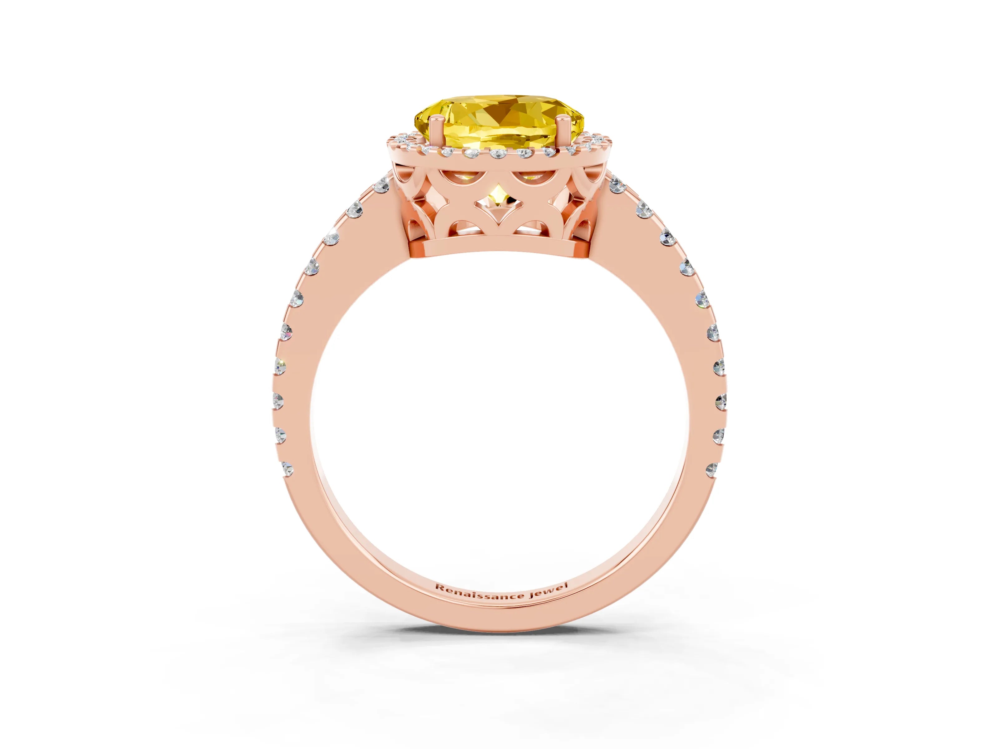 Rose gold Round Cut Yellow Sapphire Halo Engagement Ring with Pavé Band and Prong Setting_15