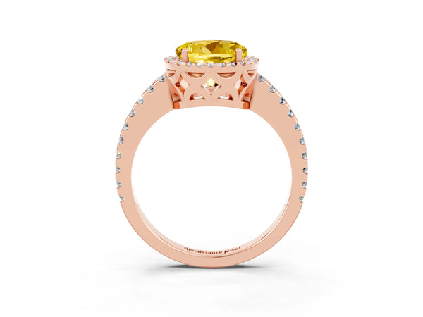 Rose gold Round Cut Yellow Sapphire Halo Engagement Ring with Pavé Band and Prong Setting