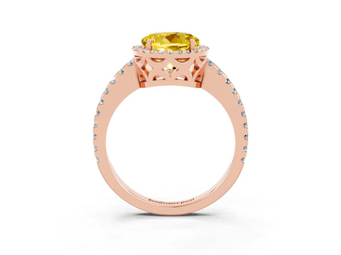 Rose gold Round Cut Yellow Sapphire Halo Engagement Ring with Pavé Band and Prong Setting_15