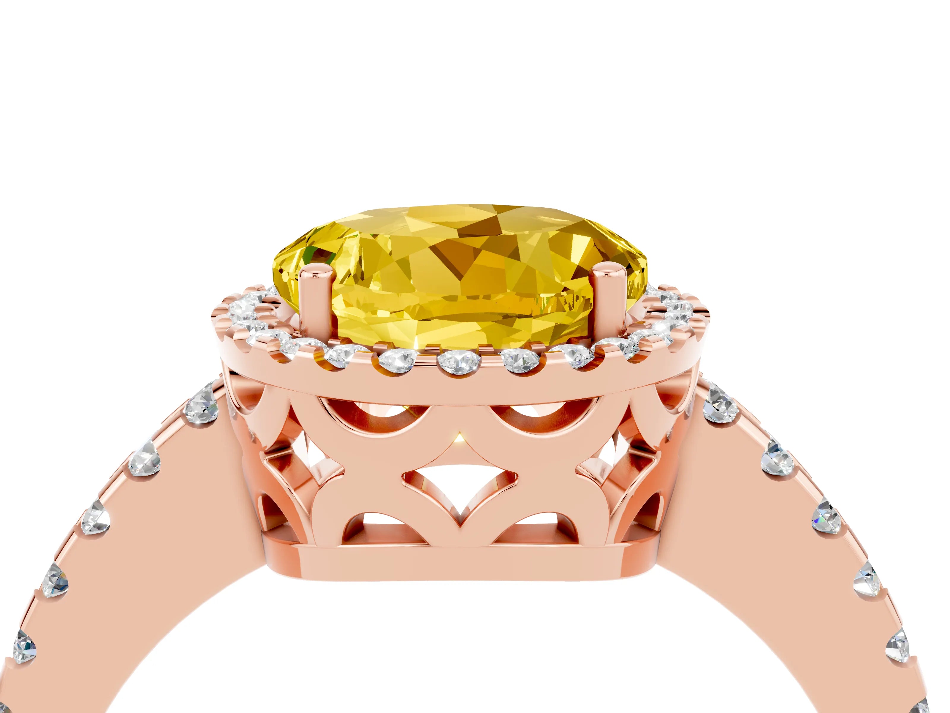 Rose gold Round Cut Yellow Sapphire Halo Engagement Ring with Pavé Band and Prong Setting_16
